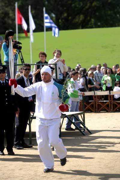 Olympic skier Vassilis Dimitriadis was the first torch bearer during the Ceremony of the Lighting of the Olympic Flame in Olympia, Greece. October 22, 2009.