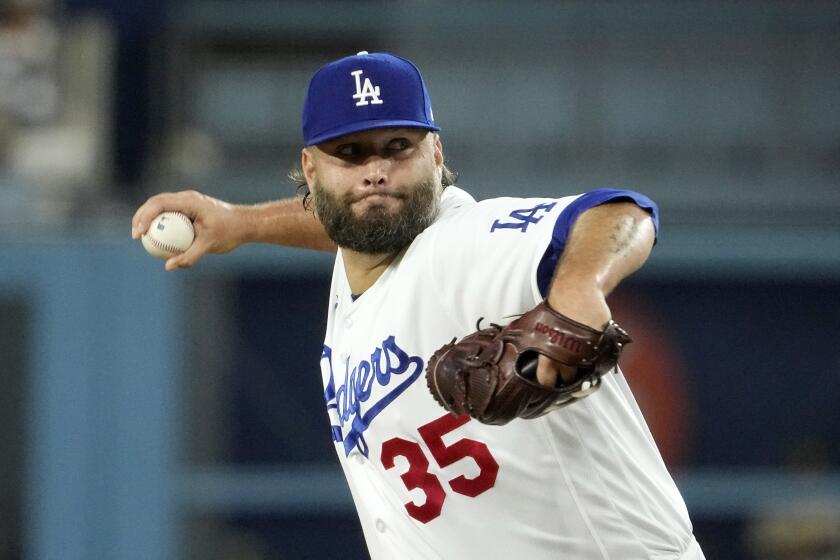 Los Angeles Dodgers starting pitcher Lance Lynn throws to the plate during the first inning of a baseball game against the San Diego Padres Tuesday, Sept. 12, 2023, in Los Angeles. (AP Photo/Mark J. Terrill)