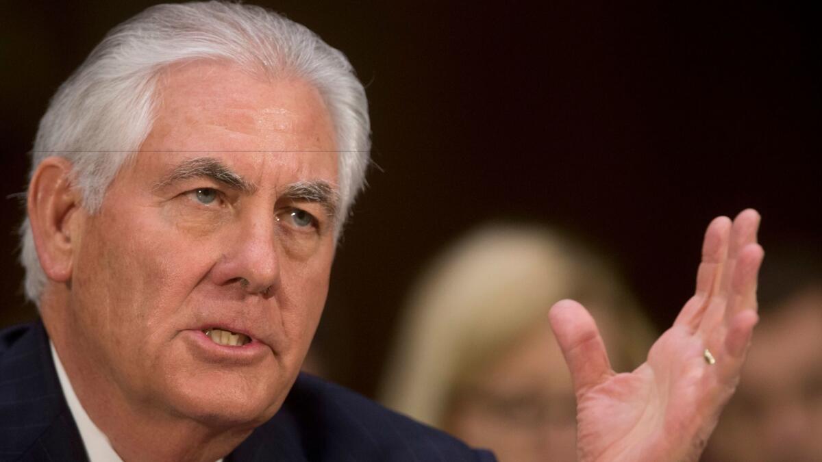 Rex Tillerson, Trump’s choice for secretary of State, testifies on Capitol Hill Wednesday.