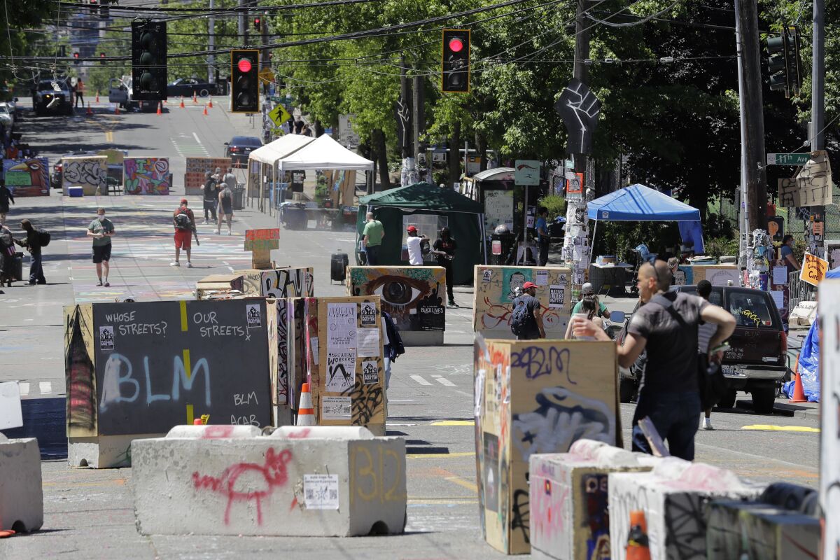 Makeshift barricades at the “Capitol Hill Occupied Protest” zone, or CHOP, in Seattle.