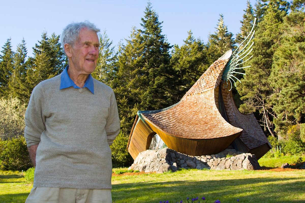 James Hubbell photographed in front of his Sea Ranch Chapel near Santa Rose, California.