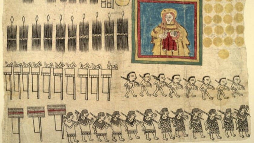 The 1531 Huejotzingo Codex shows that eight men and 12 women were given to the Spanish in tribute, along with dry goods like feathers.