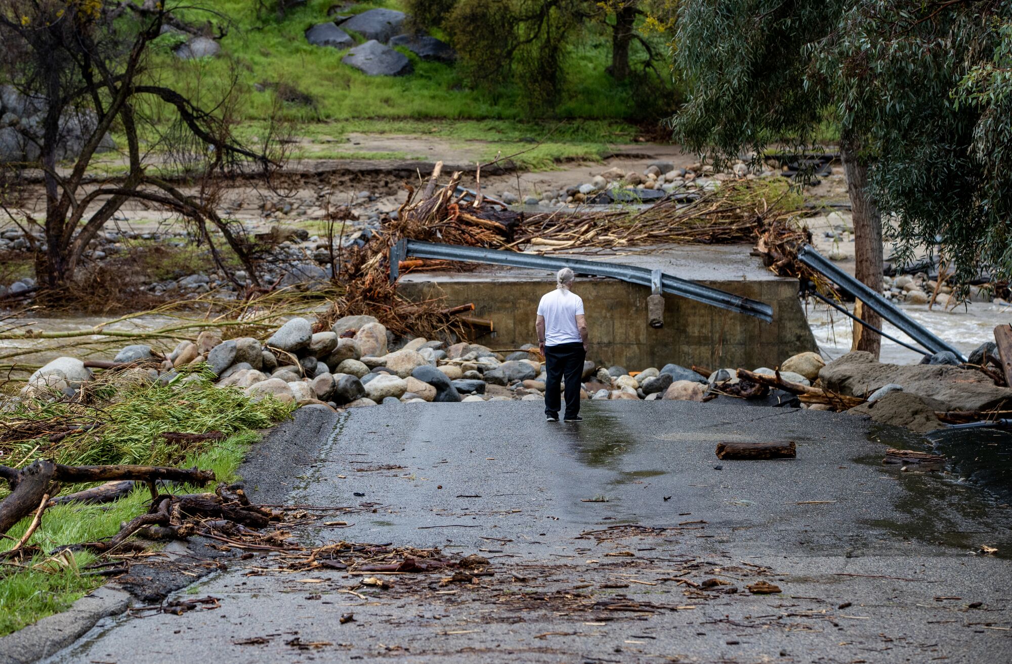 A person, facing away, stands at the edge of flood-damaged road