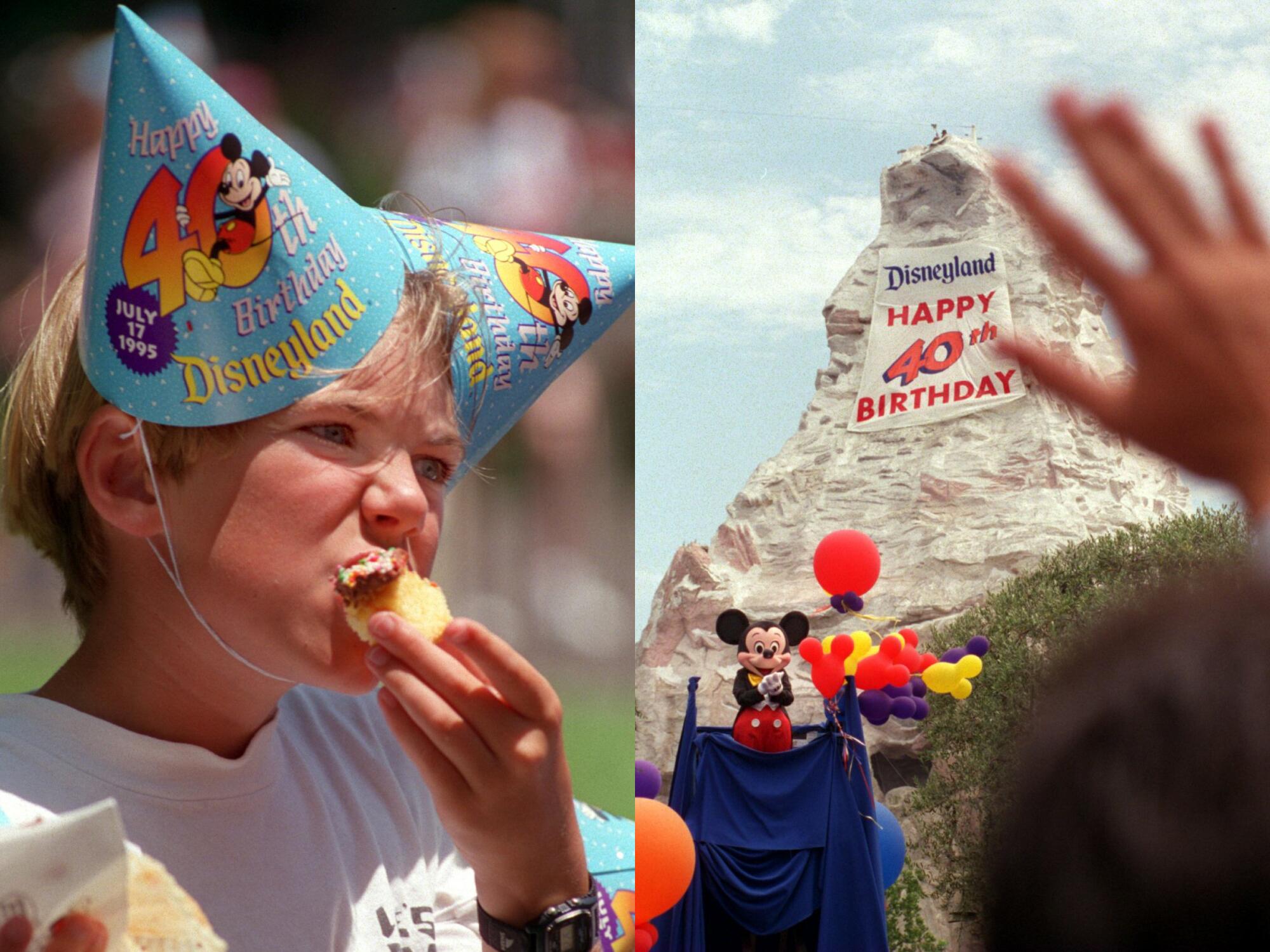 Two images: a boy bites into a piece of cake and a sign on the Matterhorn reads: Disneyland Happy 40th Birthday