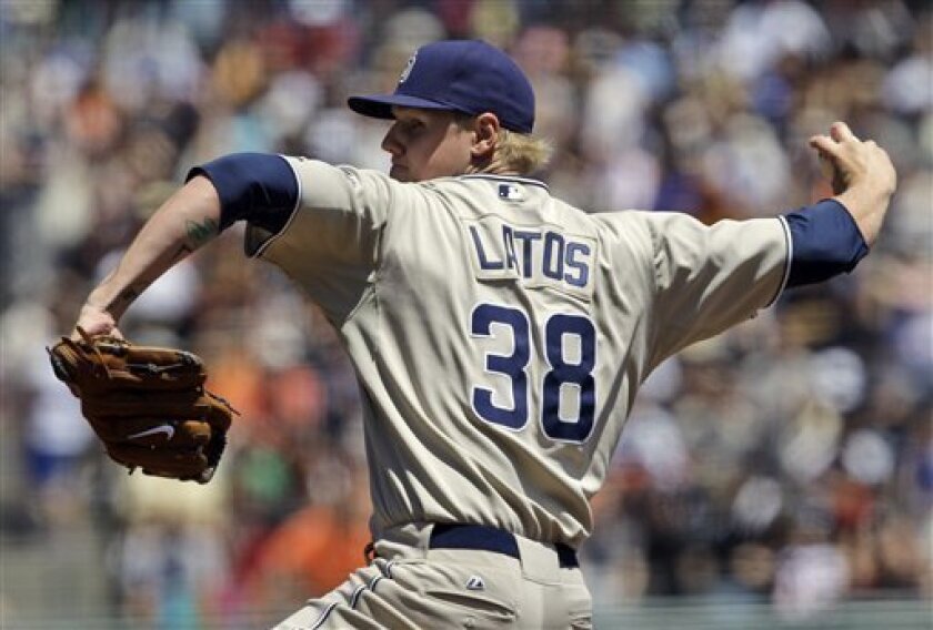 Padres' Mat Latos throws to the San Francisco Giants during third inning of game on, May 13, 2010.