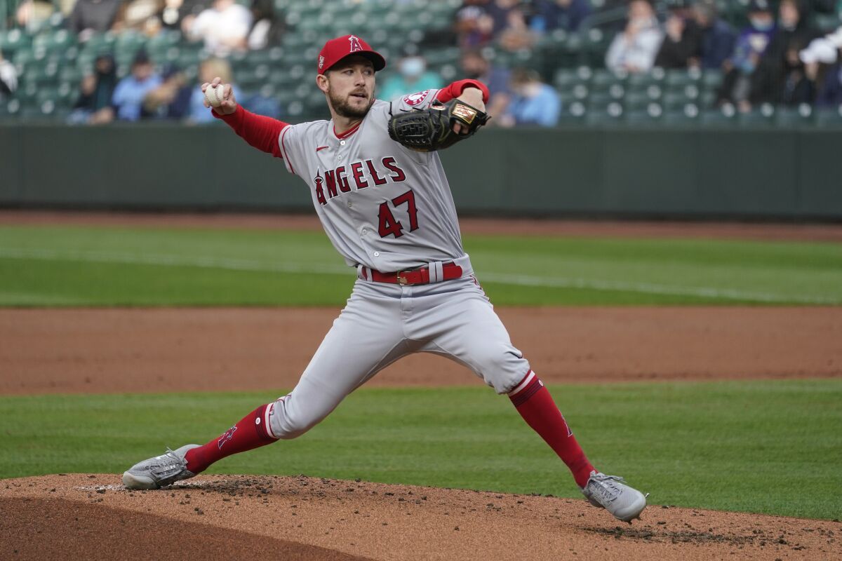 Los Angeles Angels starting pitcher Griffin Canning in action against the Seattle Mariners.