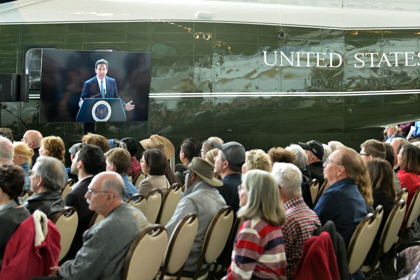 Simi Valley, California March 5, 2023-Florida Governor Ron DeSantis speaks to donors at the Ronald Reagan Library Sunday in Simi Valley. (Wally Skalij/(Los Angeles Times)