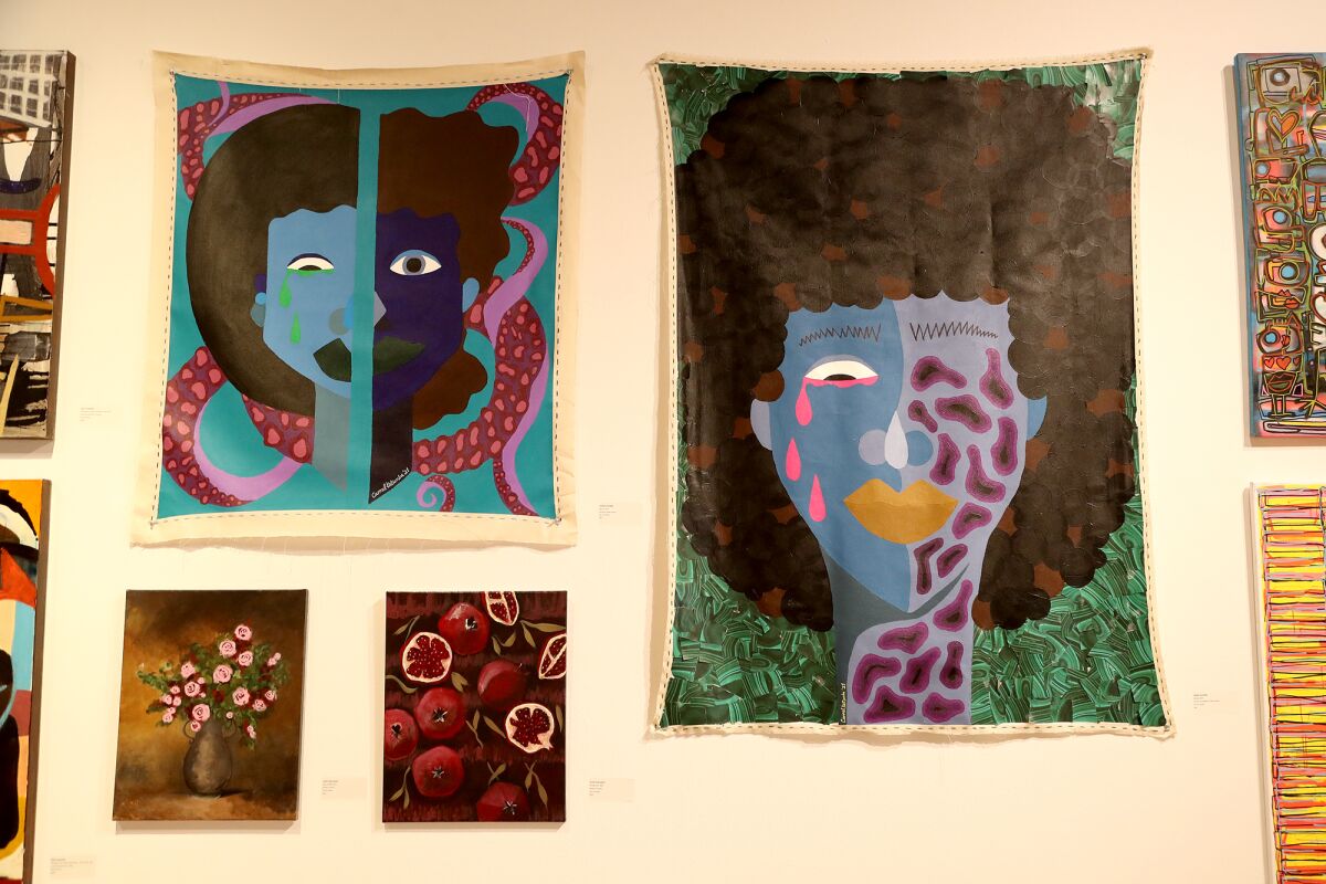 Soul Tie, 2021, top left, and Zairoise, 2021, right, acrylic and collage on loose canvas by artist Carmel Katumba.