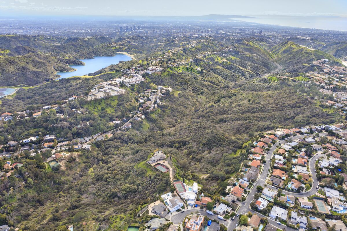 An aerial view of Senderos Canyon in Bel-Air