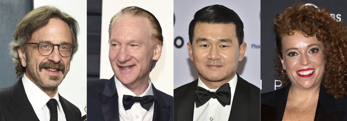 This combination photo shows comedians, from left, Marc Maron, Bill Maher, Ronny Chieng and Michelle Wolf, who will headline this year’s New York Comedy Festival. The festival runs from Nov. 8 – 14. Over 200 comedians, late-night hosts and podcast stars will perform in more than 100 shows at places like the Beacon Theatre, Carnegie Hall, Town Hall, Carolines on Broadway and the Hulu Theater at Madison Square Garden. (AP Photo)
