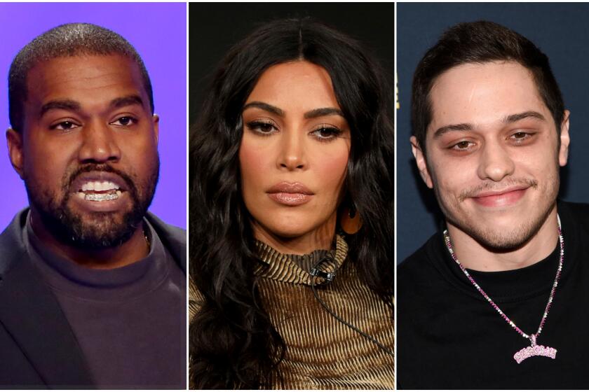 Triptych of Kanye West, Kim Kardashian, and Pete Davidson.