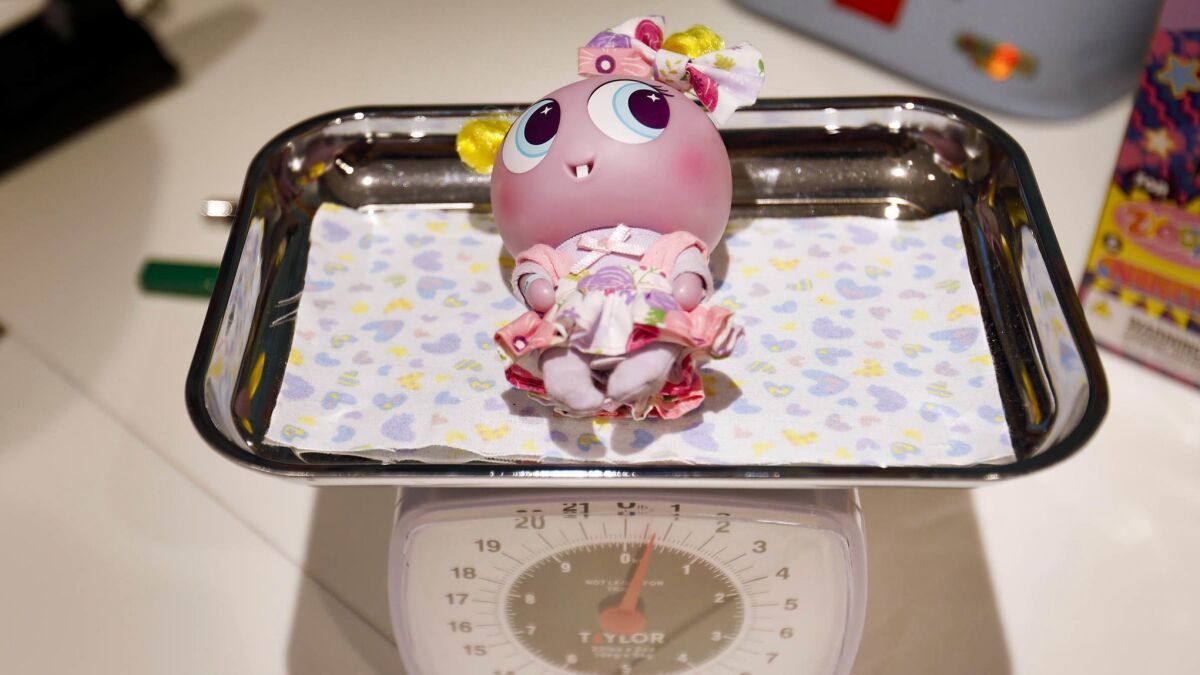 "Itzyboop," a Neonate Baby in the nerlie stage, is weighed on a scale inside the Distroller World store in San Diego.