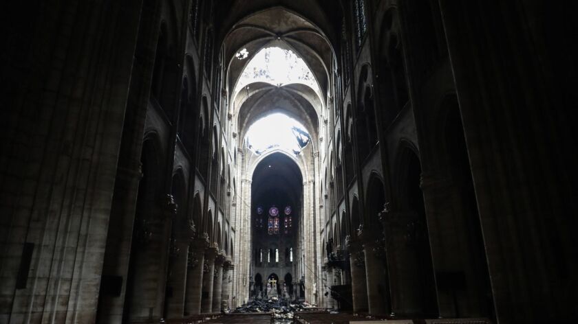 The interior of Notre Dame Cathedral in Paris on April 16.