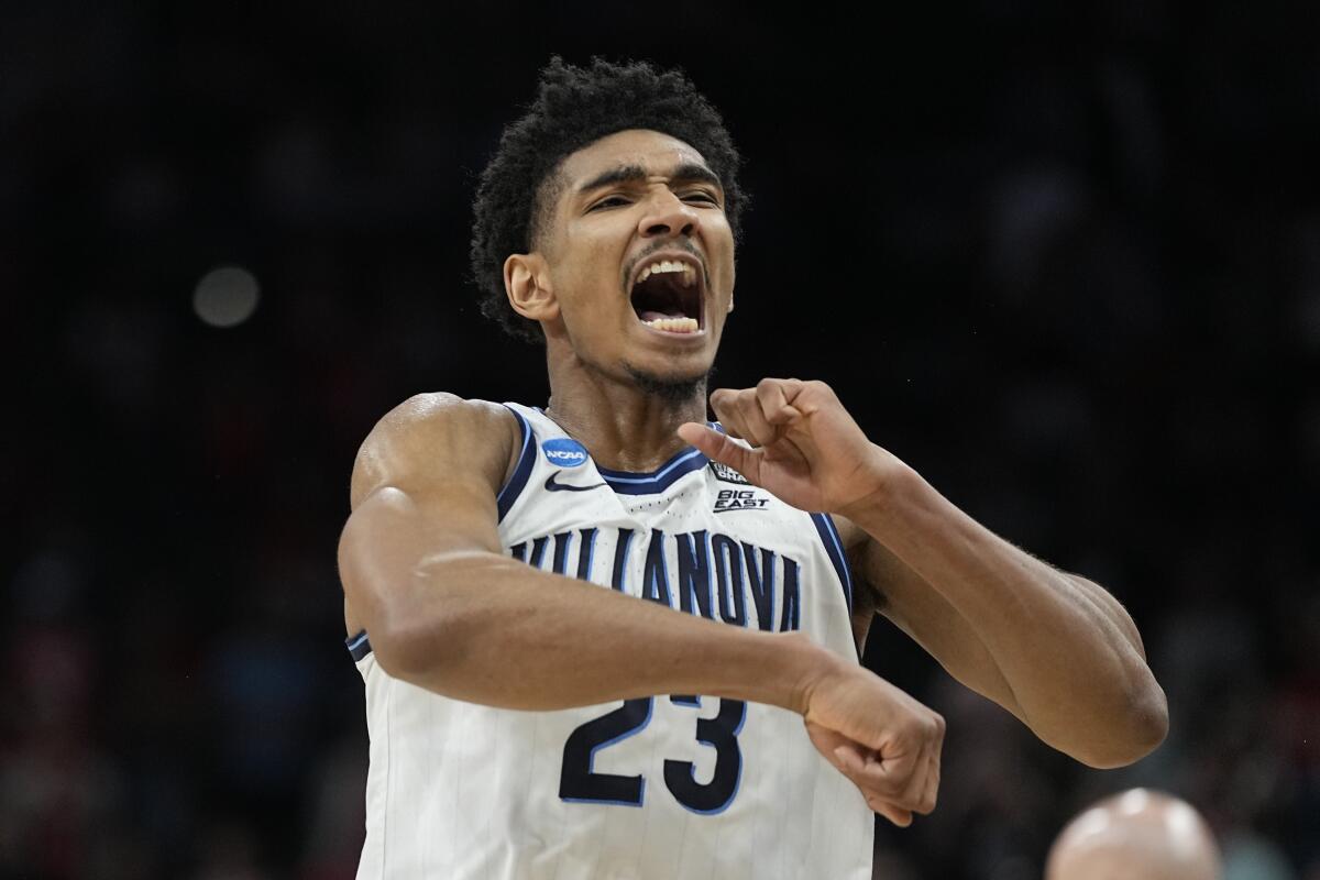 Villanova forward Jermaine Samuels is fired up after the Wildcats' win against Houston on March 26, 2022.