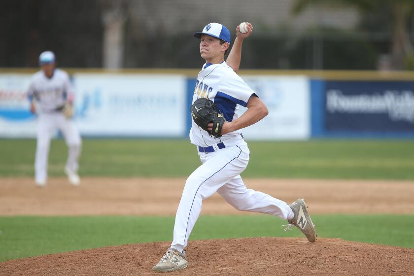 Fountain Valley starter Jake Brooks throws a strike during a Sunset Conference crossover game against Newport Harbor on Friday.