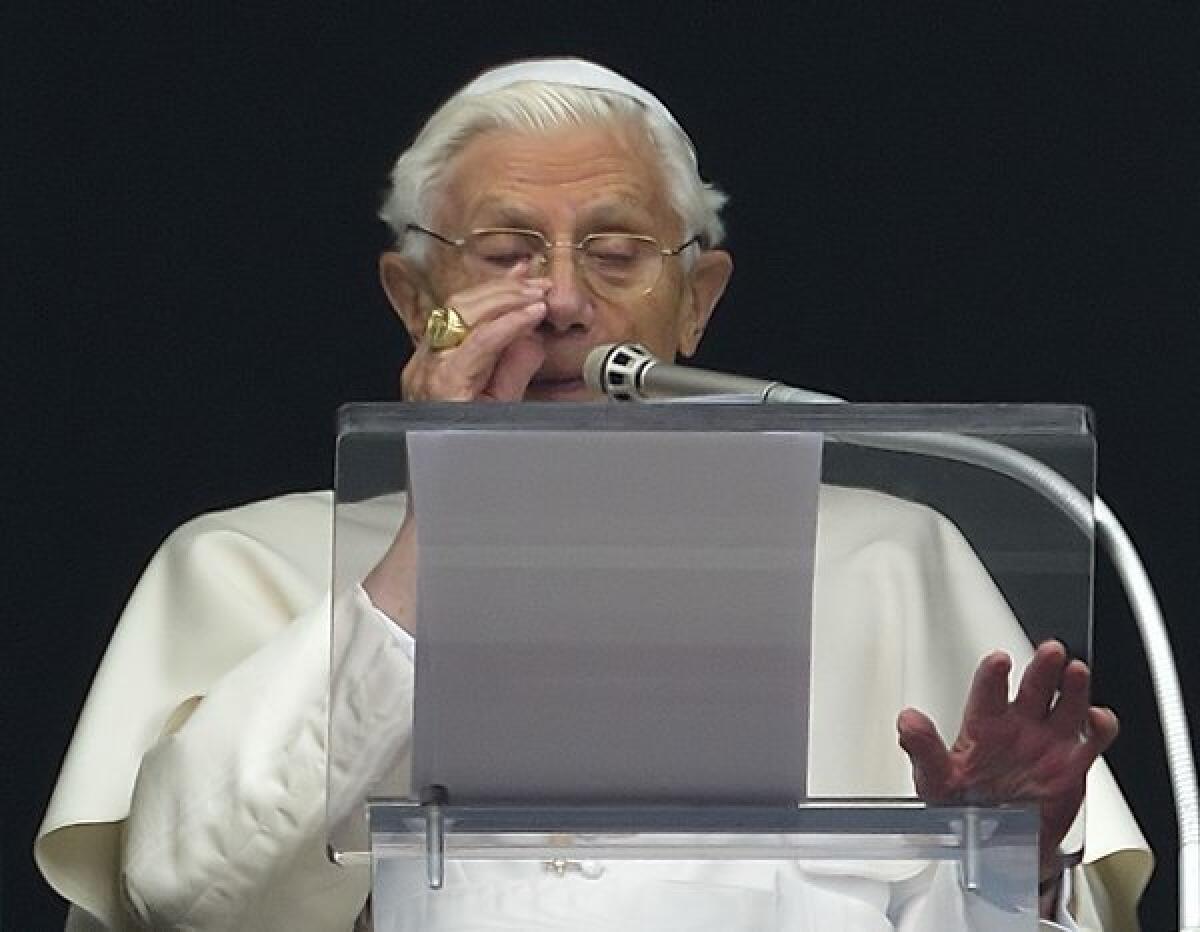 Pope Benedict XVI during his last Angelus noon prayer on Sunday.