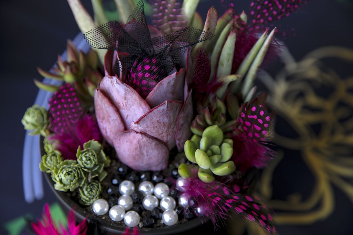 Pink and green succulent arrangement accented with pearl and black beads and black and pink speckled faux feathers.