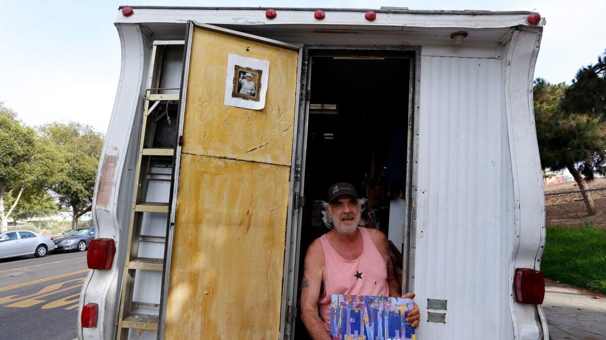 Gary Mann, a sign painter, lives in his camper in Venice. The L.A. City Council has adopted a new overnight ban on occupying and sleeping in cars, vans and campers in residential areas.