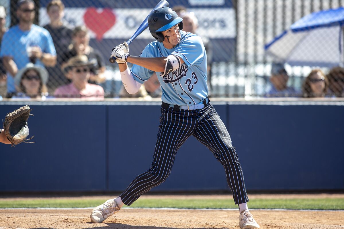 Corona del Mar's Van Sidebotham connects on a solo home run in the first round of the Division 1 playoffs against Servite.