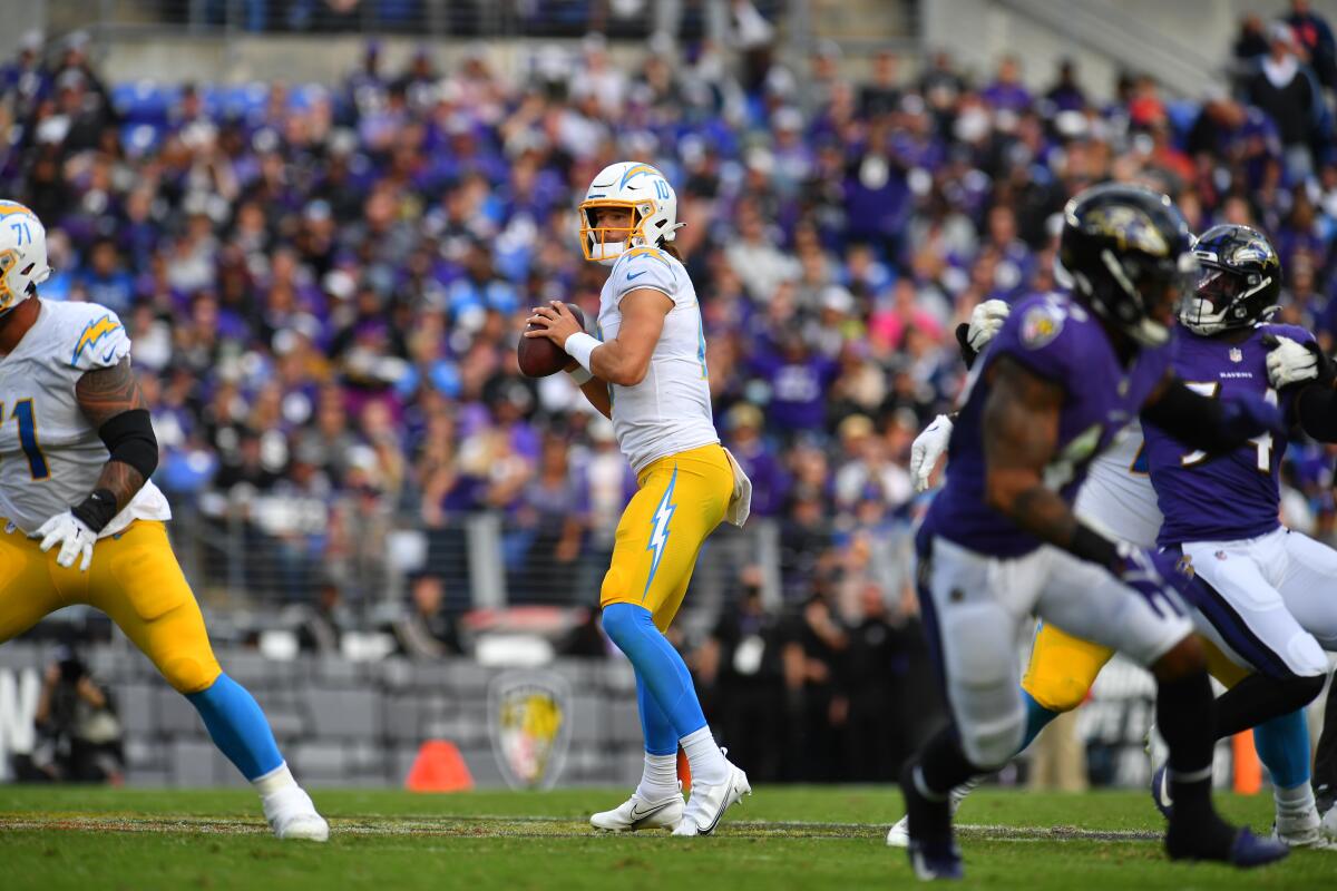 Quarterback Justin Herbert looks to pass Oct. 17, 2021, against the Baltimore Ravens.