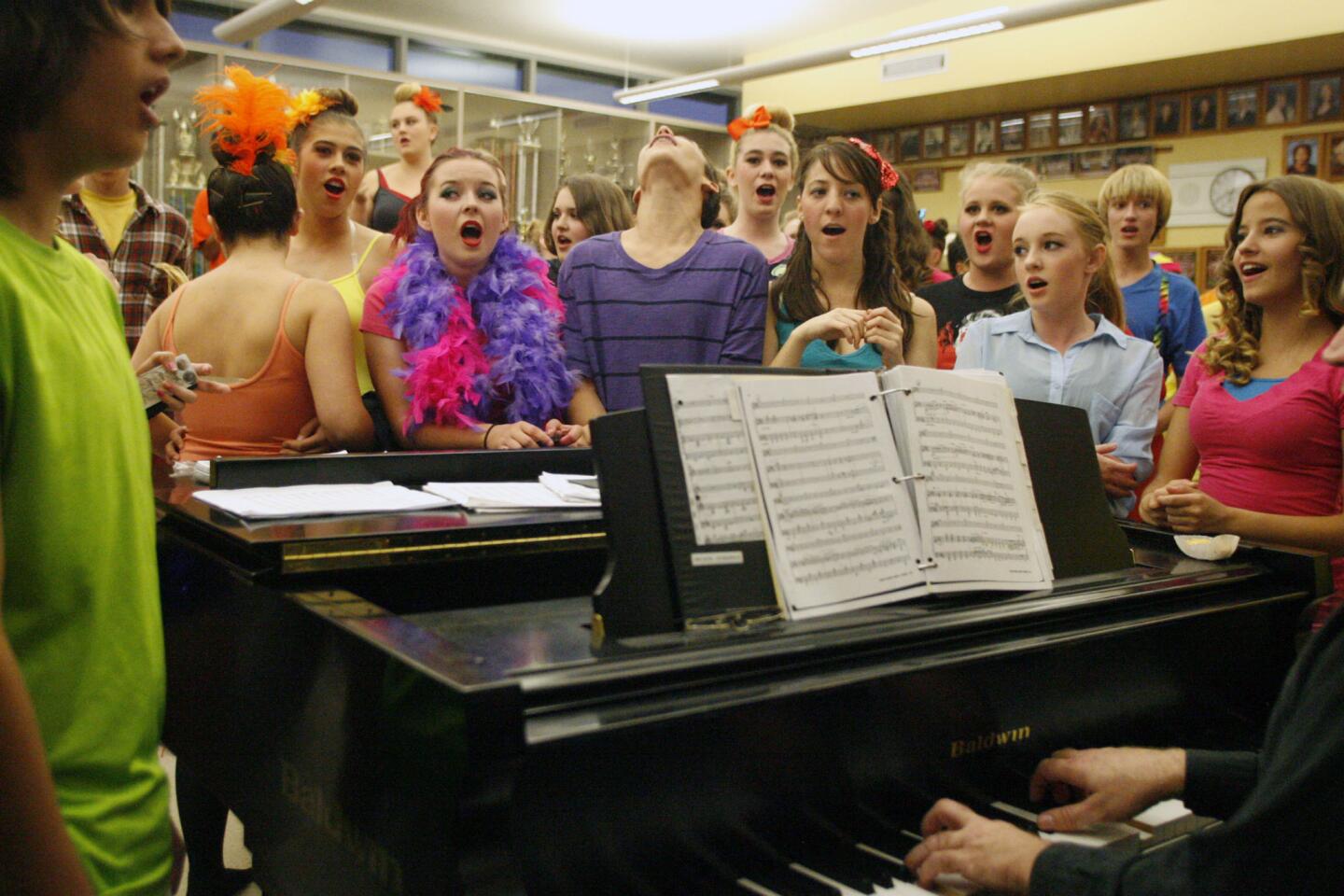 Cast members rehearse their songs before their John Burroughs High School Vocal Music Assn. performance, "Burroughs on Broadway," which took place at John Burroughs High School in Burbank on Friday, October 12, 2012.