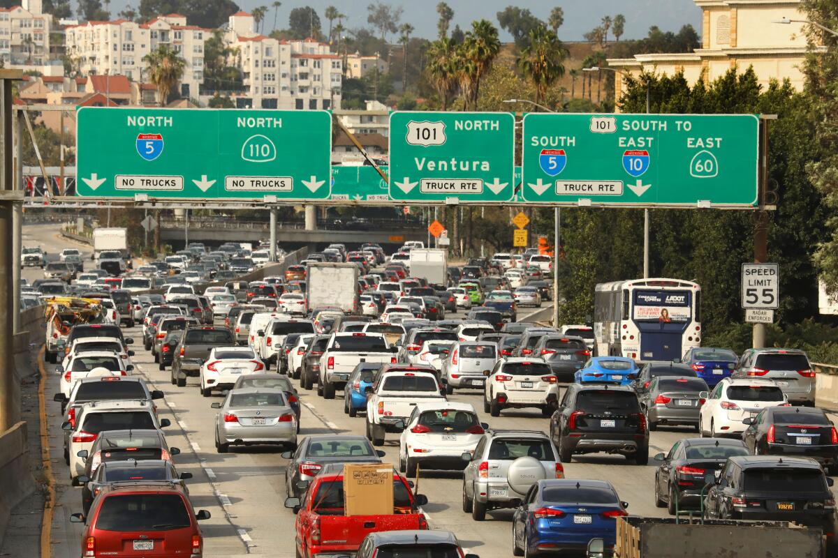 Rush hour at the intersection of the 110 and 101 freeways on June 15.