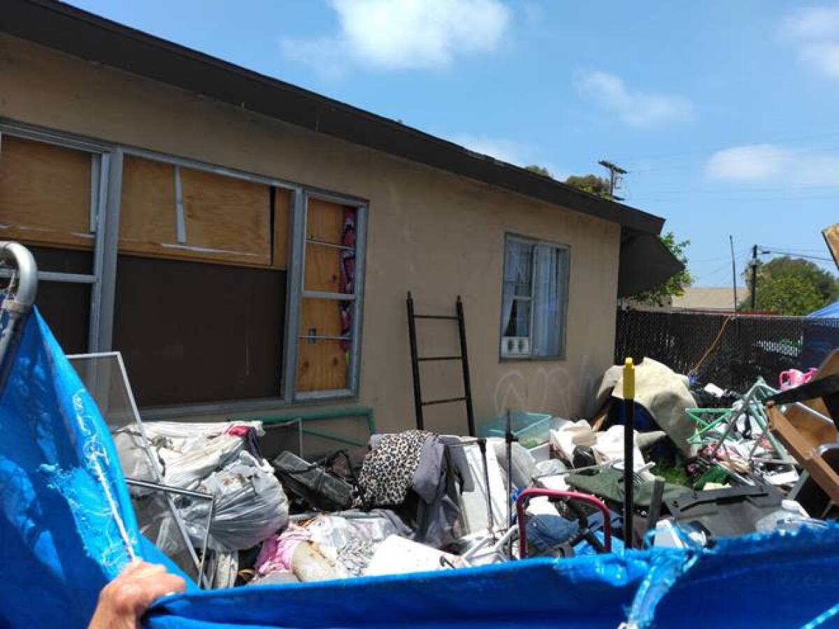 Backside of Greely Avenue duplex San Diego officials allege was site of violence, drug use and criminal activity.