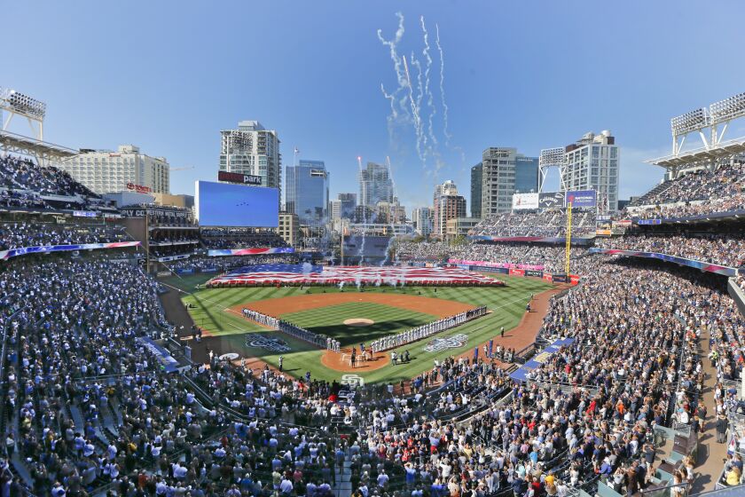 FILE - In this April 4, 2016, file photo, opening day ceremonies are performed at Petco Park.