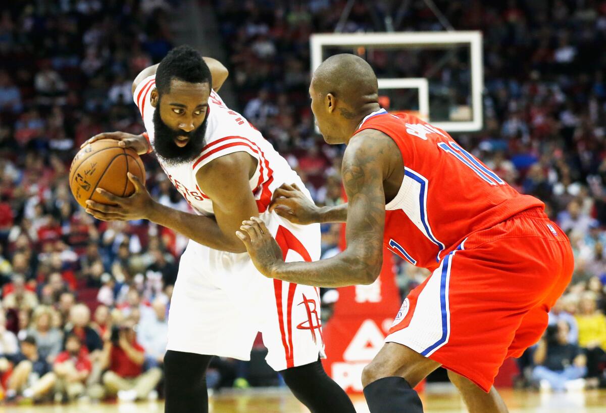 Clippers guard Jamal Crawford, right, plays defense against Houston guard James Harden during a game Nov. 18.