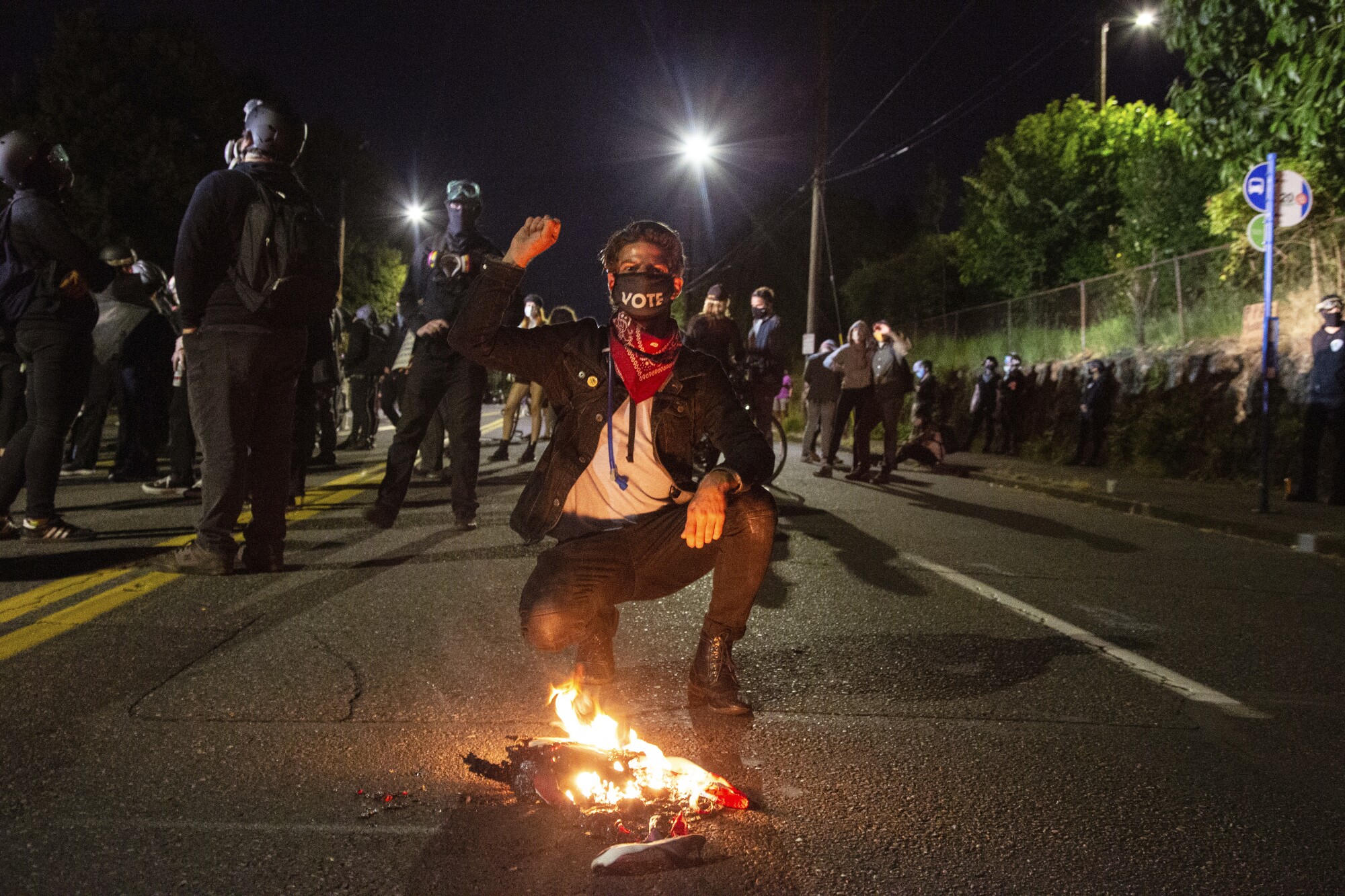 Protesters outside a police station in Portland.