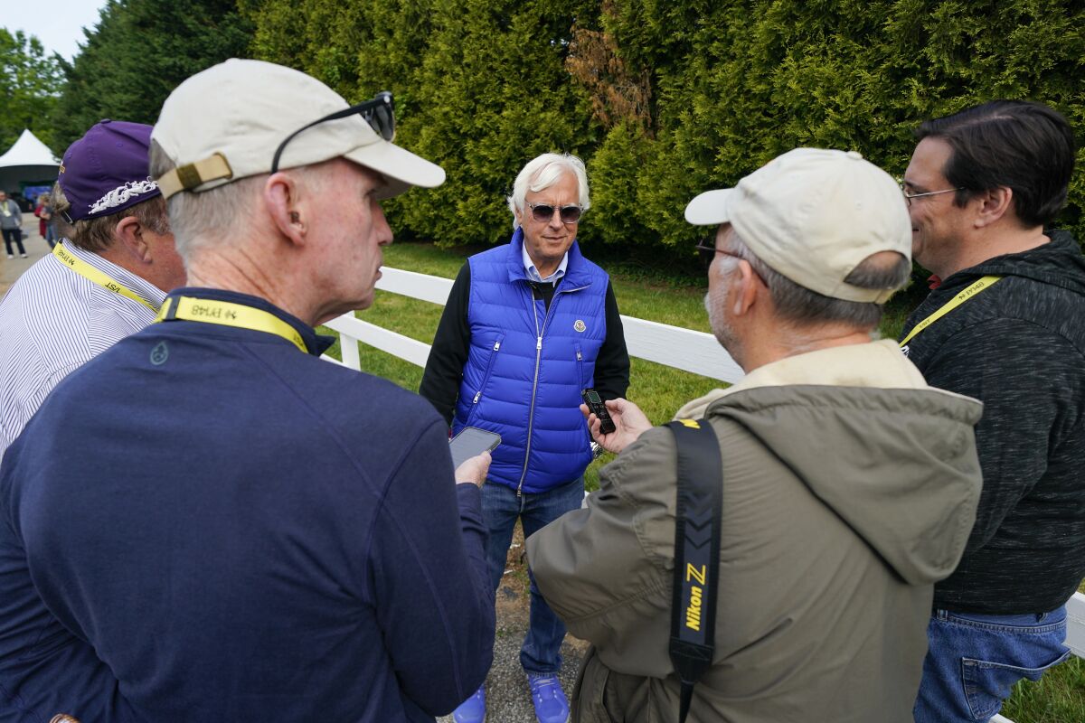 Bob Baffert speaks to reporters at Pimlico Race Course.
