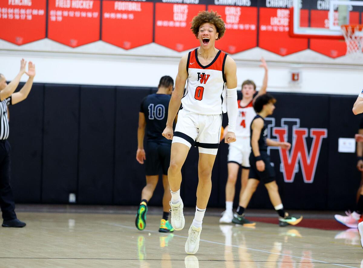 Trent Perry with Harvard-Westlake after making a three-point shot.