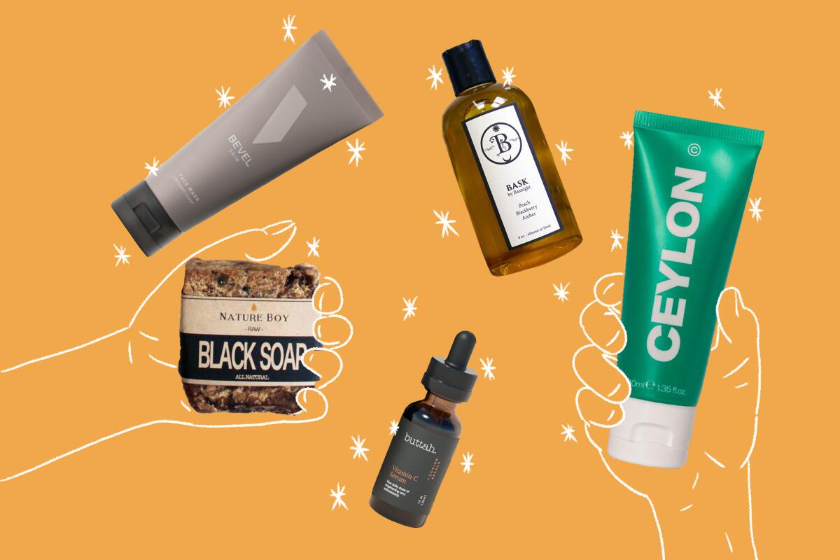 Illustration of skin-care products for Black men and people of color.
