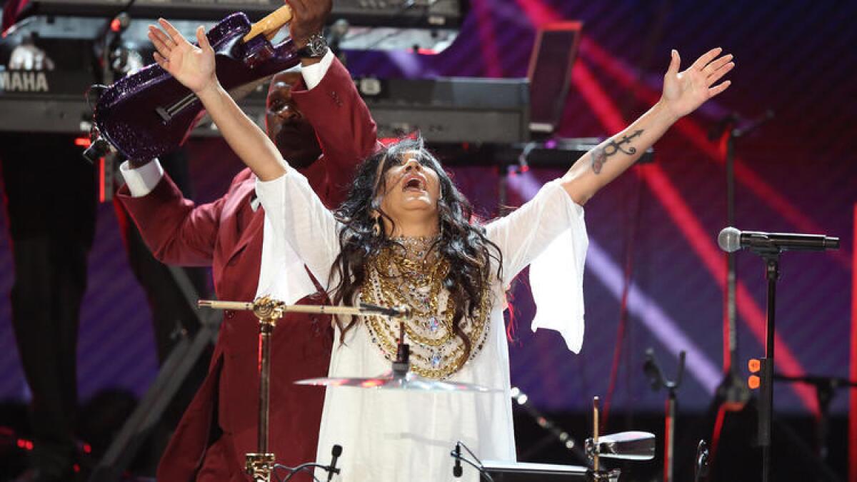 Sheila E. celebrates Prince's music with a rousing mini-set near the end of the BET Awards on Sunday, but did so without the help of D'Angelo.