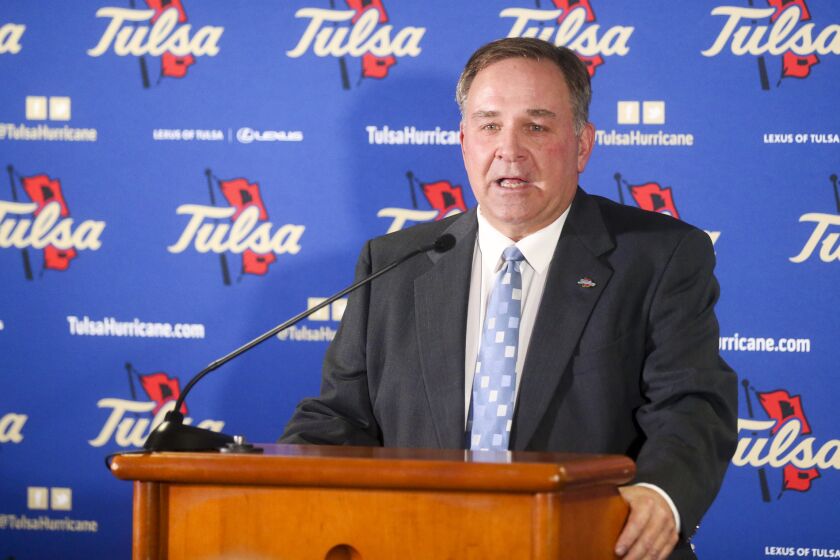 Tulsa's new head football coach Kevin Wilson speaks during an introductory NCAA college football press conference at the University of Tulsa on Tuesday, Dec. 6, 2022, in Tulsa, Okla. (Ian Maule/Tulsa World via AP)