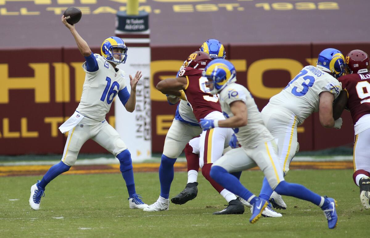 Rams quarterback Jared Goff passes against Washington during Sunday's win.