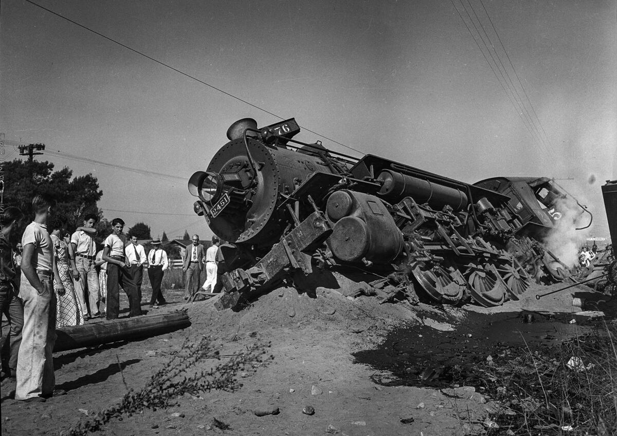 Oct. 19, 1935: Shown is another angle of the derailed Southern California locomotive shown in the top image of this post.