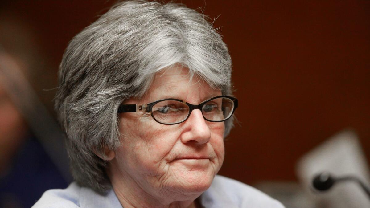 Former Manson family member and convicted murderer Patricia Krenwinkel listens to a ruling denying her parole at a hearing at the California Institution for Women in Corona, Calif. on Jan. 20, 2011.