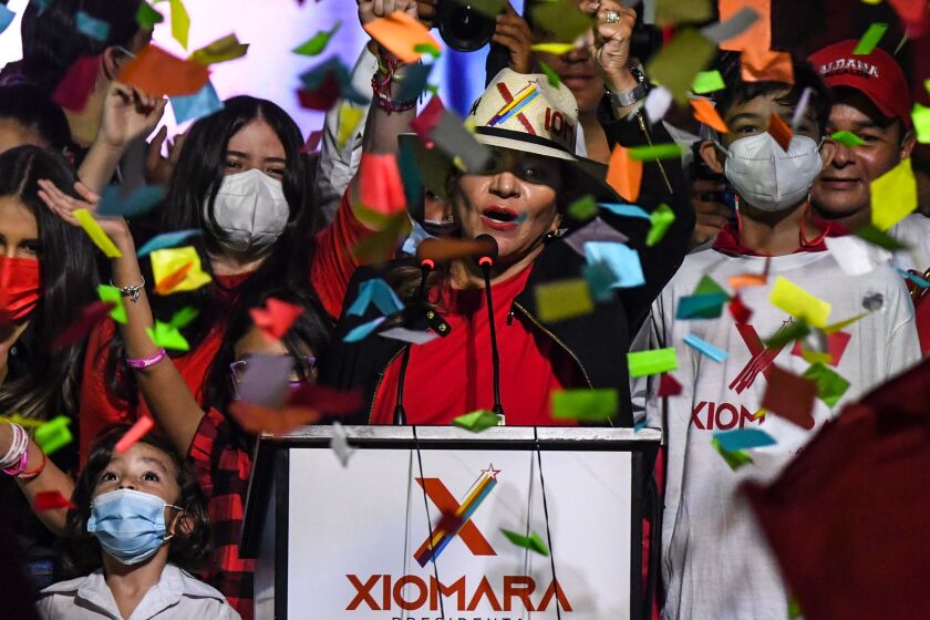 Honduran presidential candidate for the Libertad y Refundacion (LIBRE) party, Xiomara Castro, delivers a speech during her campaign's closing event in Tegucigalpa, on November 21, 2021. - Hondurans will elect on November 28 a president, three vice-presidents, 298 mayors, 128 Congress deputies and 20 Central American (PARLACEN) deputies. (Photo by Luis ACOSTA / AFP) (Photo by LUIS ACOSTA/AFP via Getty Images)