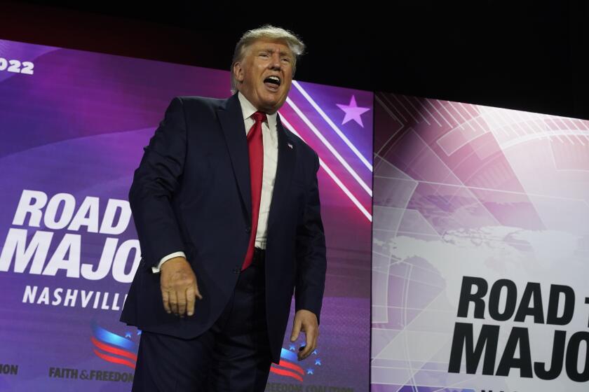 Former President Donald Trump leaves the stage after speaking at the Road to Majority conference Friday, June 17, 2022, in Nashville, Tenn. (AP Photo/Mark Humphrey)