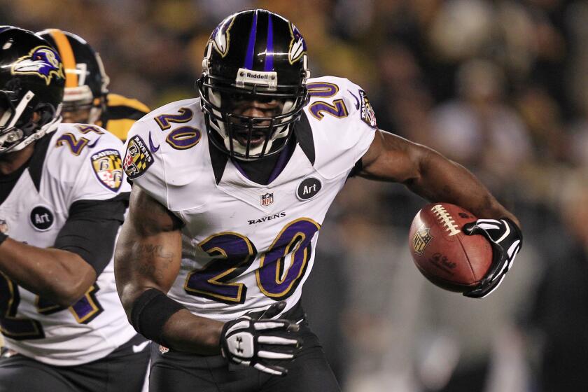 Baltimore Ravens free safety Ed Reed runs after recovering a fumble against Pittsburgh Steelers in 2012.