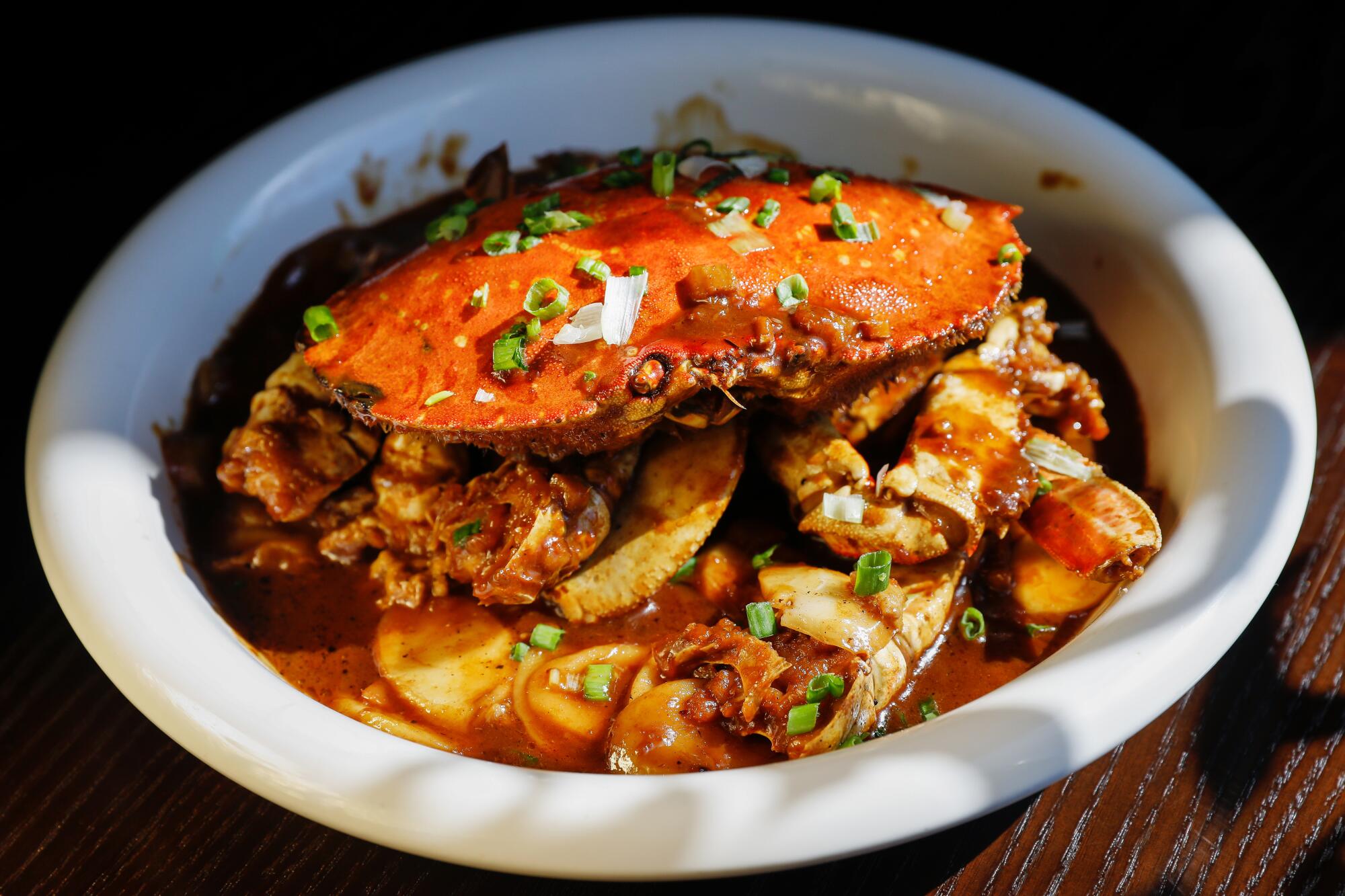 Crab with Shanghai rice cakes at WangJia restaurant in San Gabriel.