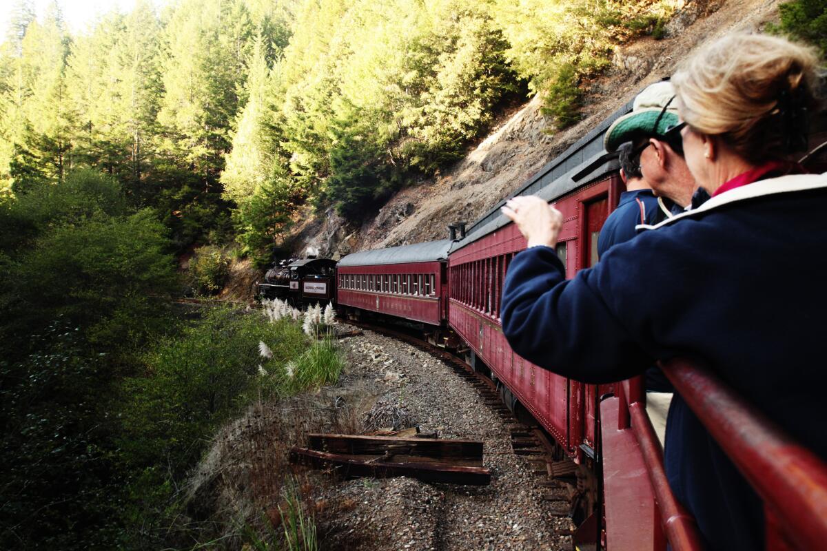 Two people look out a window of a train as it chugs through a wooded hillside area. 