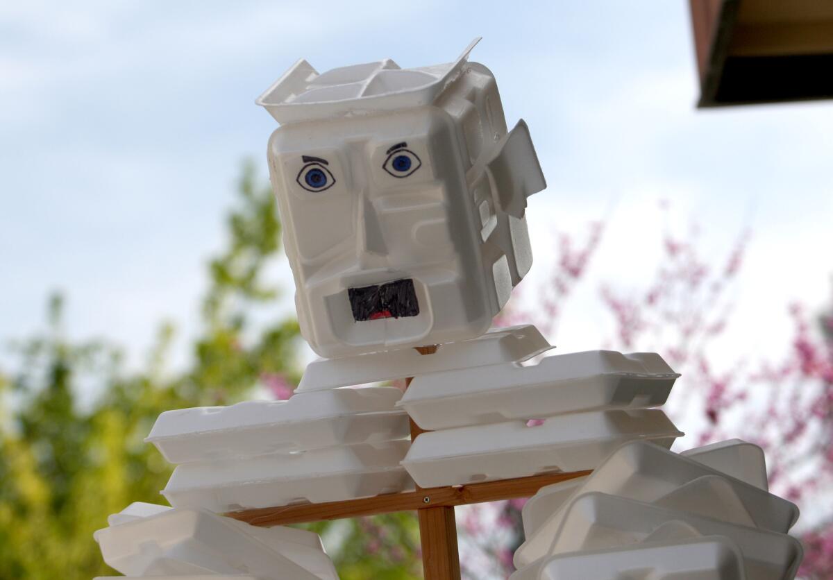 Styroman was made from about 200 discarded lunch trays from the La Cañada Elementary school's lunch program.