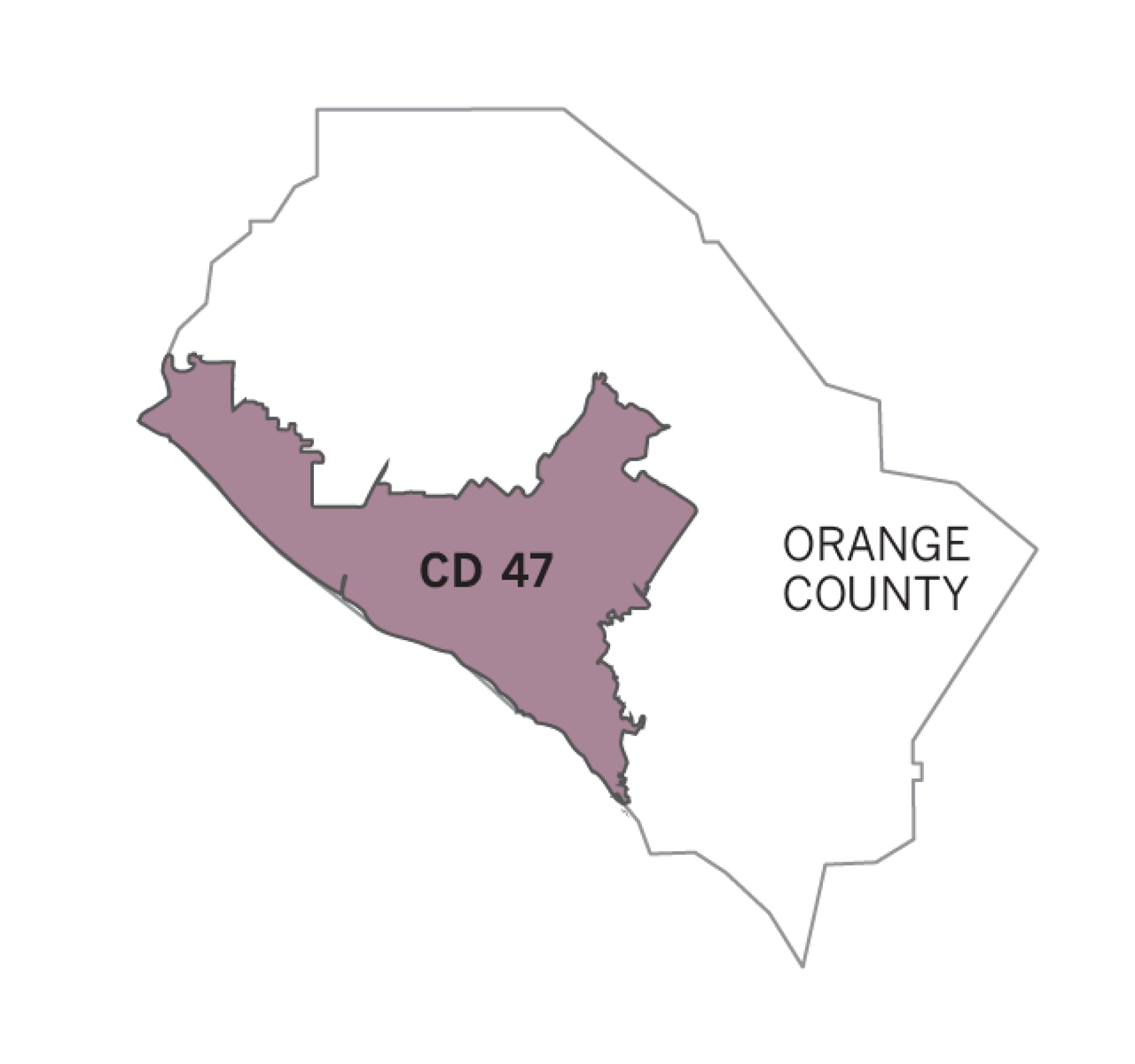 Decorative map of Congressional District 47 in Orange County