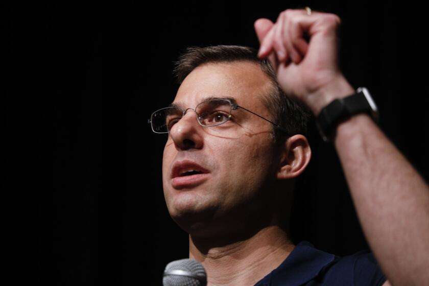 GRAND RAPIDS, MI - MAY 28: U.S. Rep. Justin Amash (R-MI) holds a Town Hall Meeting on May 28, 2019 in Grand Rapids, Michigan. Amash was the first Republican member of Congress to say that President Donald Trump engaged in impeachable conduct. (Photo by Bill Pugliano/Getty Images) ** OUTS - ELSENT, FPG, CM - OUTS * NM, PH, VA if sourced by CT, LA or MoD **