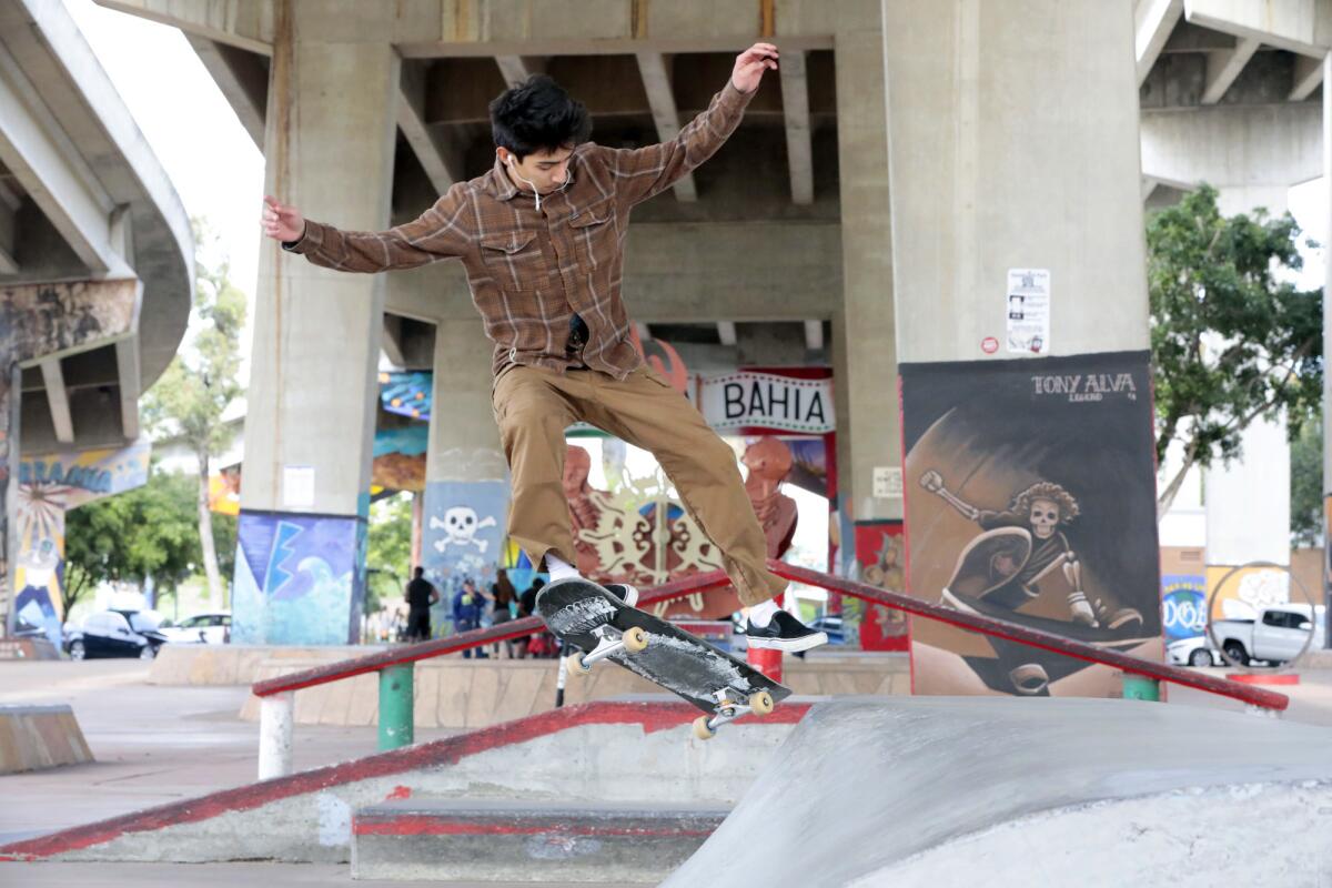 Wesley Ramos at the Chicano Park Skatepark in the San Diego neighborhood of Barrio Logan. Calvin B. Alagot / Los Angeles Times