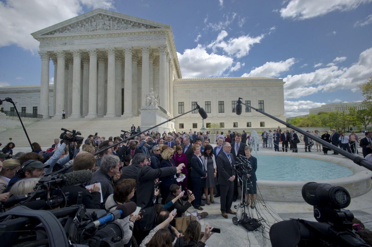 Jim Bergefell, whose husband died two years ago in a state that does not recognize their marriage, addresses the media on April 28 after the Supreme Court heard arguments on whether the Constitution guarantees a right to same-sex marriage.