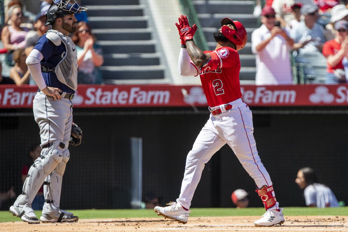 Luis Rengifo celebrates after hitting a solo home run during the Angels' 5-1 win over the Seattle Mariners.