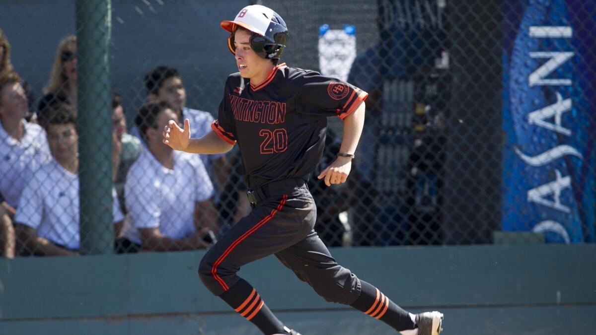 Dylan Ramirez, shown running the bases on May 23, 2017, went four for five with four runs batted in during Huntington Beach High's 12-2 win at Fountain Valley on Wednesday.